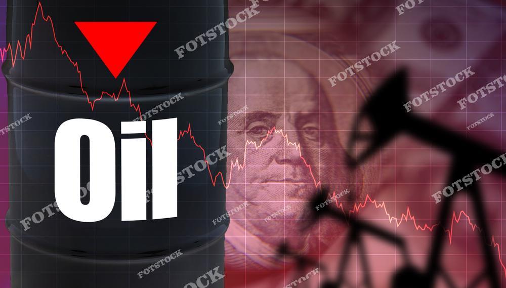 На изображении изображен график падения цен на нефть с символикой нефтяной индустрии и доллара США. Композиция иллюстрирует экономическое влияние снижения цен на нефть. Это отображение рыночных изменений и их финансовых последствий.
